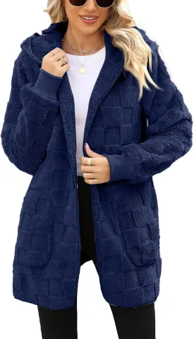 Sherpa Jacket Women Fuzzy Open Front Fleece Lined Jackets Soft Warm Hooded Cardigan Sweater Winter Coat with Pockets