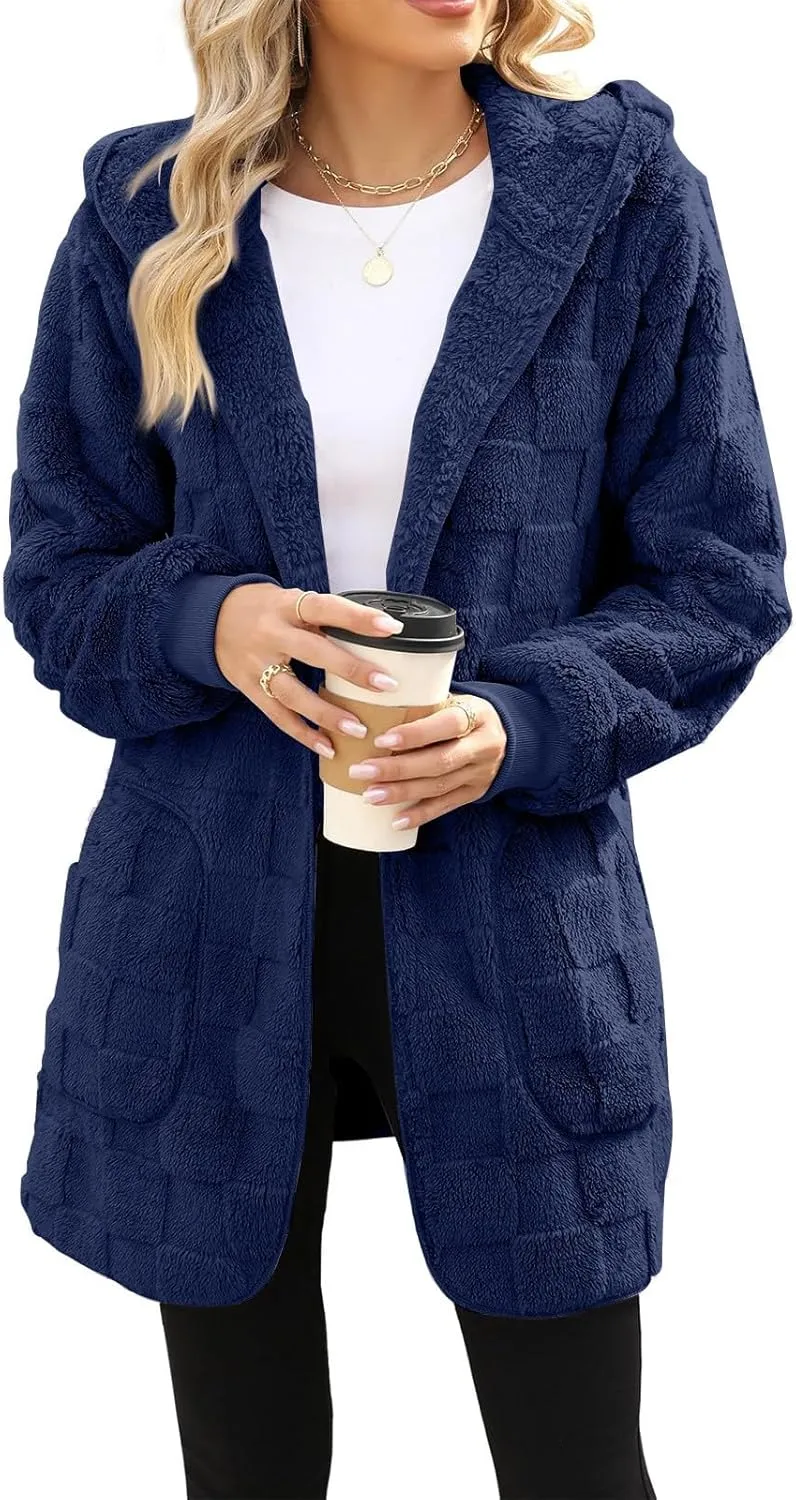 Sherpa Jacket Women Fuzzy Open Front Fleece Lined Jackets Soft Warm Hooded Cardigan Sweater Winter Coat with Pockets