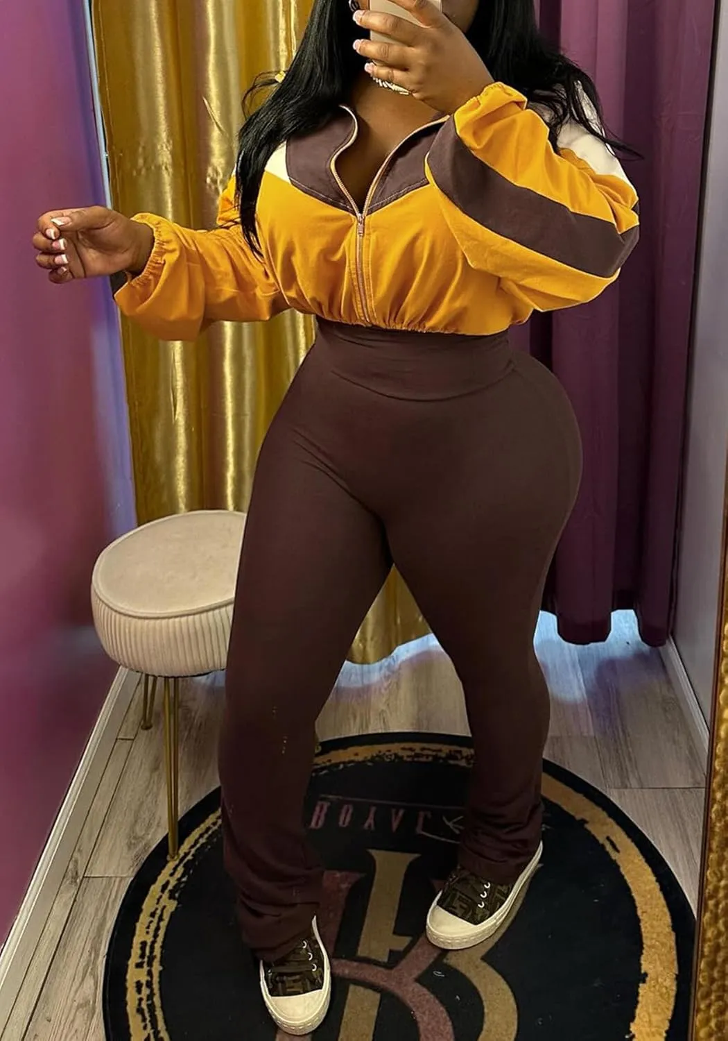 SHINFY Womens Sweatsuits 2 Piece Set Long Sleeve Color Block Cropped Jacket Leggings Pants Jogger Tracksuits Sets