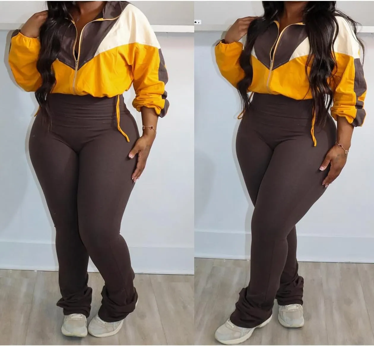 SHINFY Womens Sweatsuits 2 Piece Set Long Sleeve Color Block Cropped Jacket Leggings Pants Jogger Tracksuits Sets