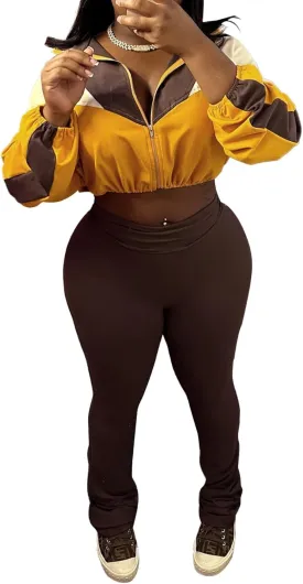 SHINFY Womens Sweatsuits 2 Piece Set Long Sleeve Color Block Cropped Jacket Leggings Pants Jogger Tracksuits Sets