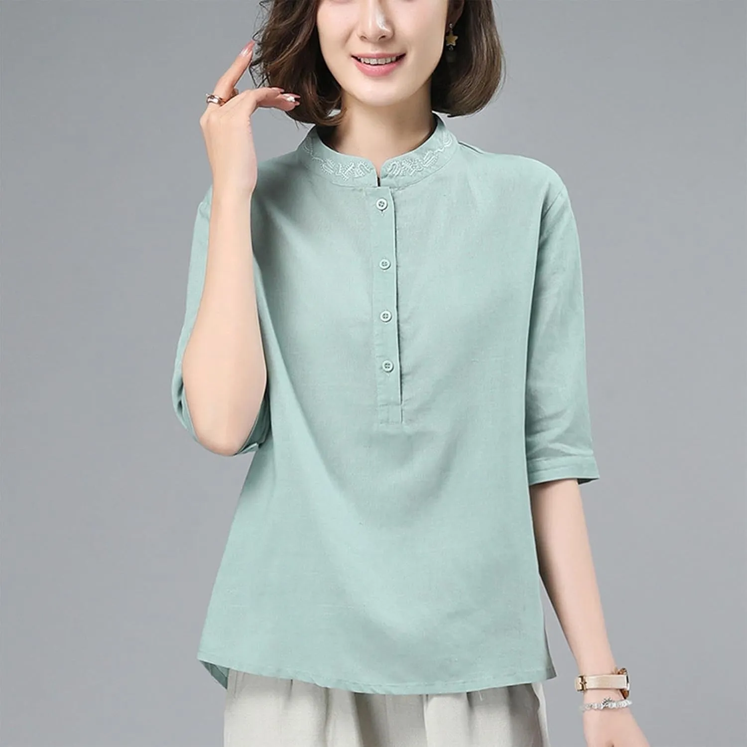 Short Sleeve Cotton Linen Tops for Women Chinese Mandarin Collar Button Down Shirts Vintage Embroidered Tee Blouse