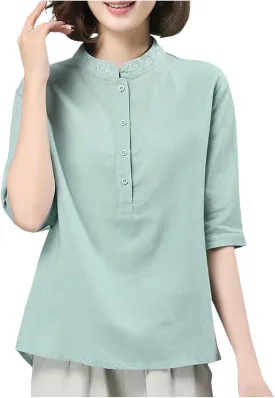 Short Sleeve Cotton Linen Tops for Women Chinese Mandarin Collar Button Down Shirts Vintage Embroidered Tee Blouse