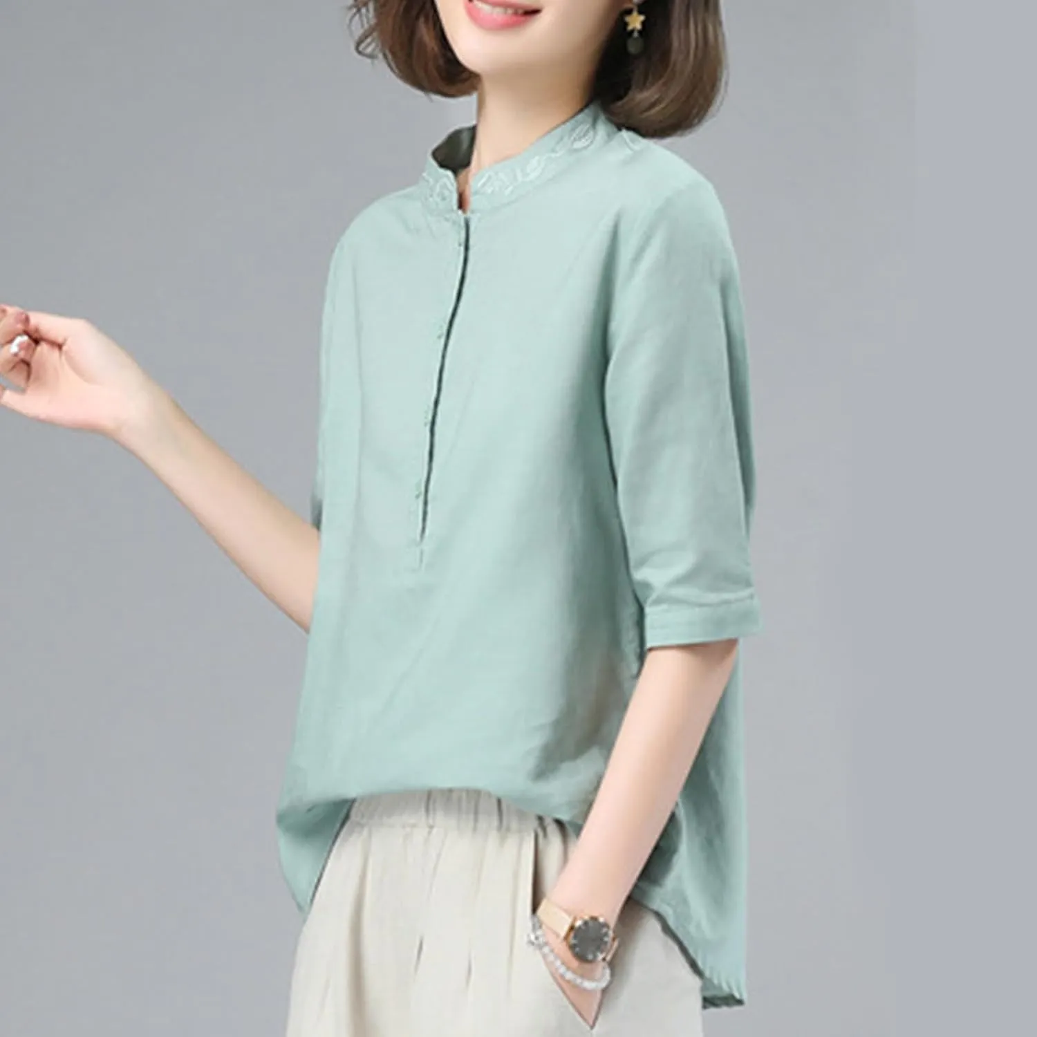 Short Sleeve Cotton Linen Tops for Women Chinese Mandarin Collar Button Down Shirts Vintage Embroidered Tee Blouse