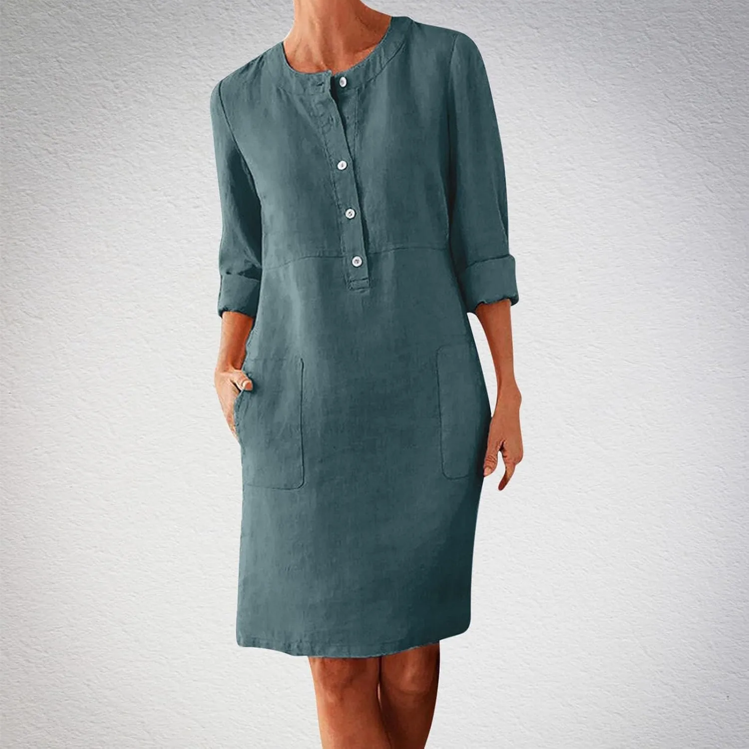 Summer Dresses for Women 2025 Button Casual Long Sleeve Cotton Linen Sundress Elegant Formal Work Dress with Pockets