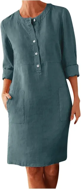 Summer Dresses for Women 2025 Button Casual Long Sleeve Cotton Linen Sundress Elegant Formal Work Dress with Pockets