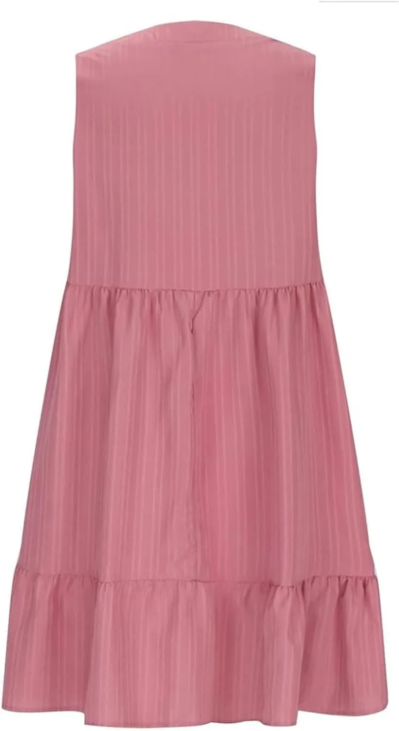 Summer Dresses for Women 2025 Sleeveless V Neck Knee Length Patchwork Pleated Ruffle Flowy Beach Sundresses