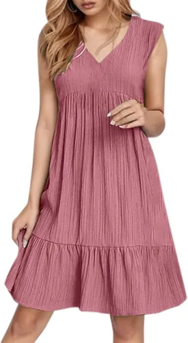 Summer Dresses for Women 2025 Sleeveless V Neck Knee Length Patchwork Pleated Ruffle Flowy Beach Sundresses