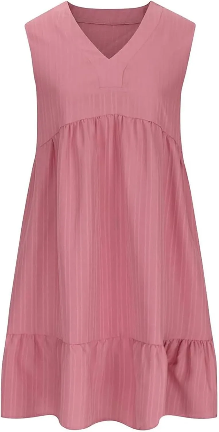 Summer Dresses for Women 2025 Sleeveless V Neck Knee Length Patchwork Pleated Ruffle Flowy Beach Sundresses
