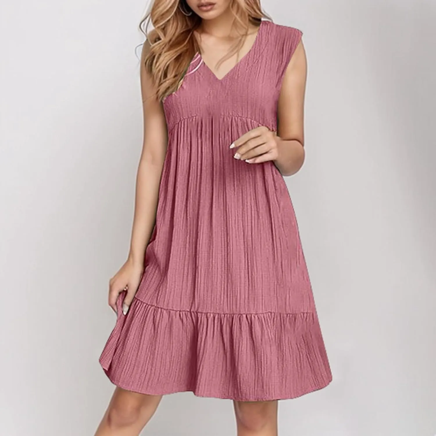 Summer Dresses for Women 2025 Sleeveless V Neck Knee Length Patchwork Pleated Ruffle Flowy Beach Sundresses