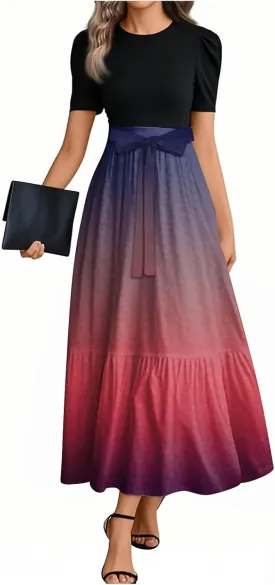 Summer Dresses for Women Tie Belted Elegant Dress Floral Print Flowy Short Sleeve Dress Patchwork Empire Waist Maxi Dress