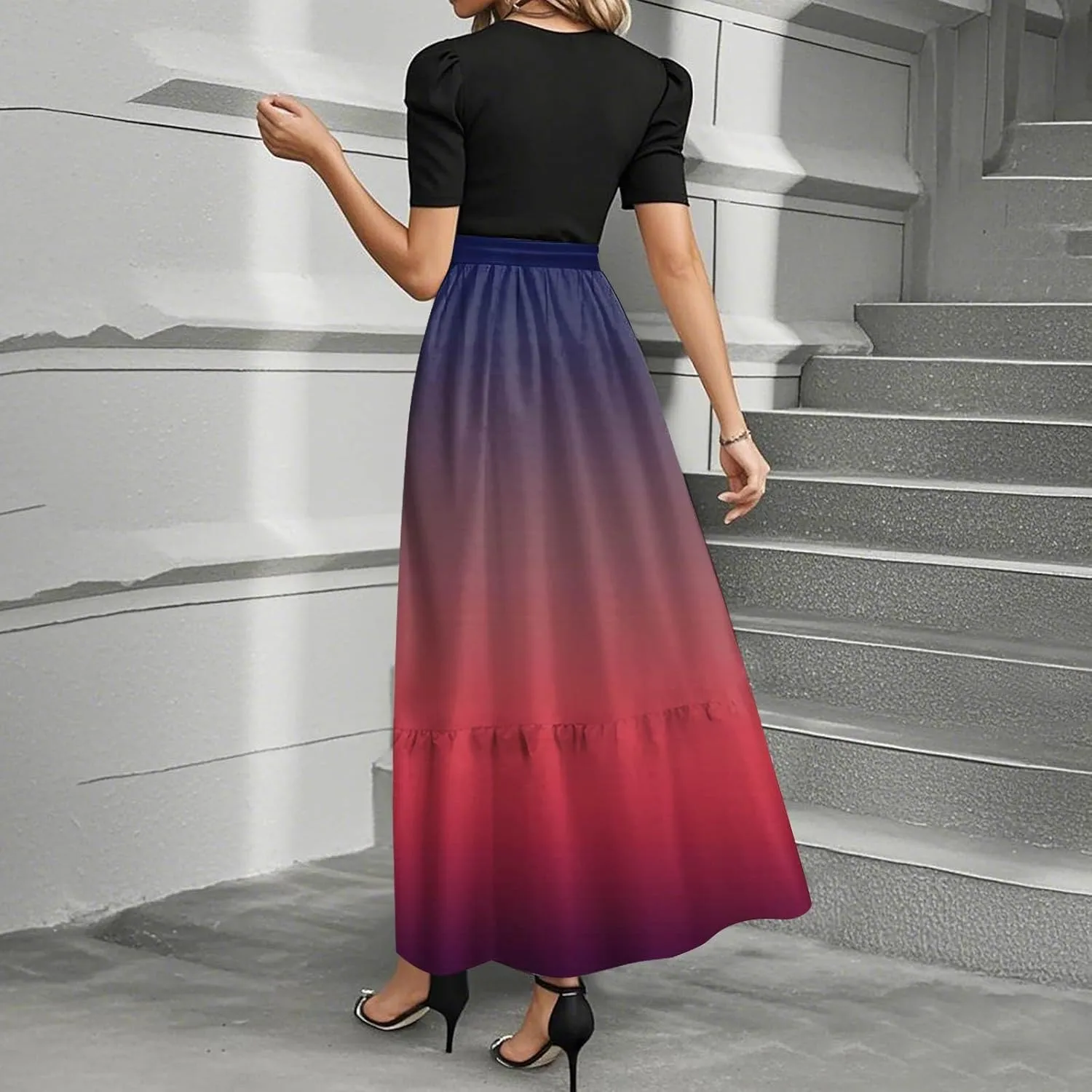 Summer Dresses for Women Tie Belted Elegant Dress Floral Print Flowy Short Sleeve Dress Patchwork Empire Waist Maxi Dress
