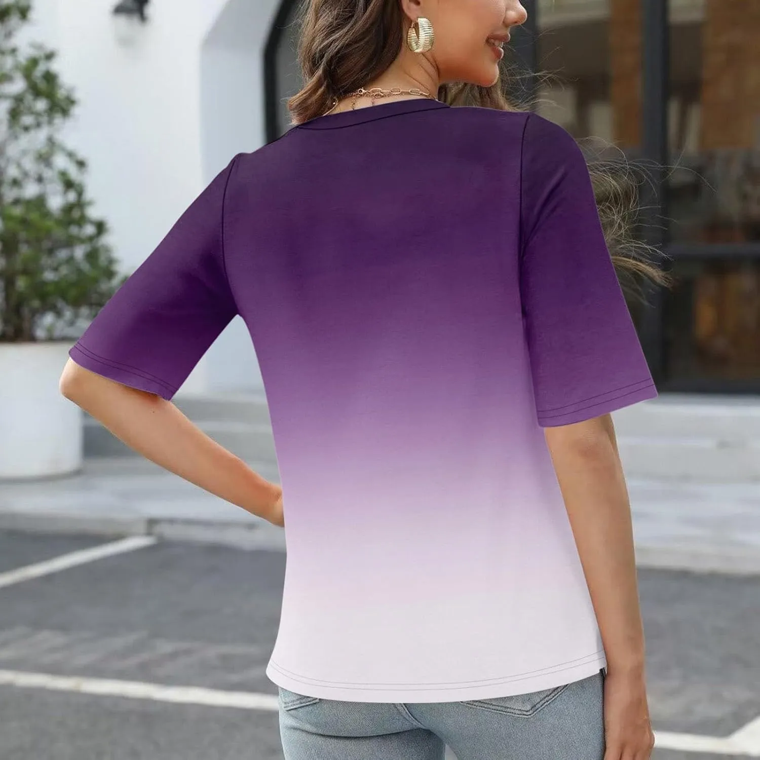 Summer Tops for Women 2025 Half Sleeve Top Printed V Neck Shirts Gradient Loose Fit Elbow Length Sleeve Blouse