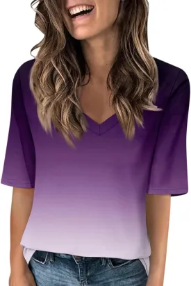 Summer Tops for Women 2025 Half Sleeve Top Printed V Neck Shirts Gradient Loose Fit Elbow Length Sleeve Blouse