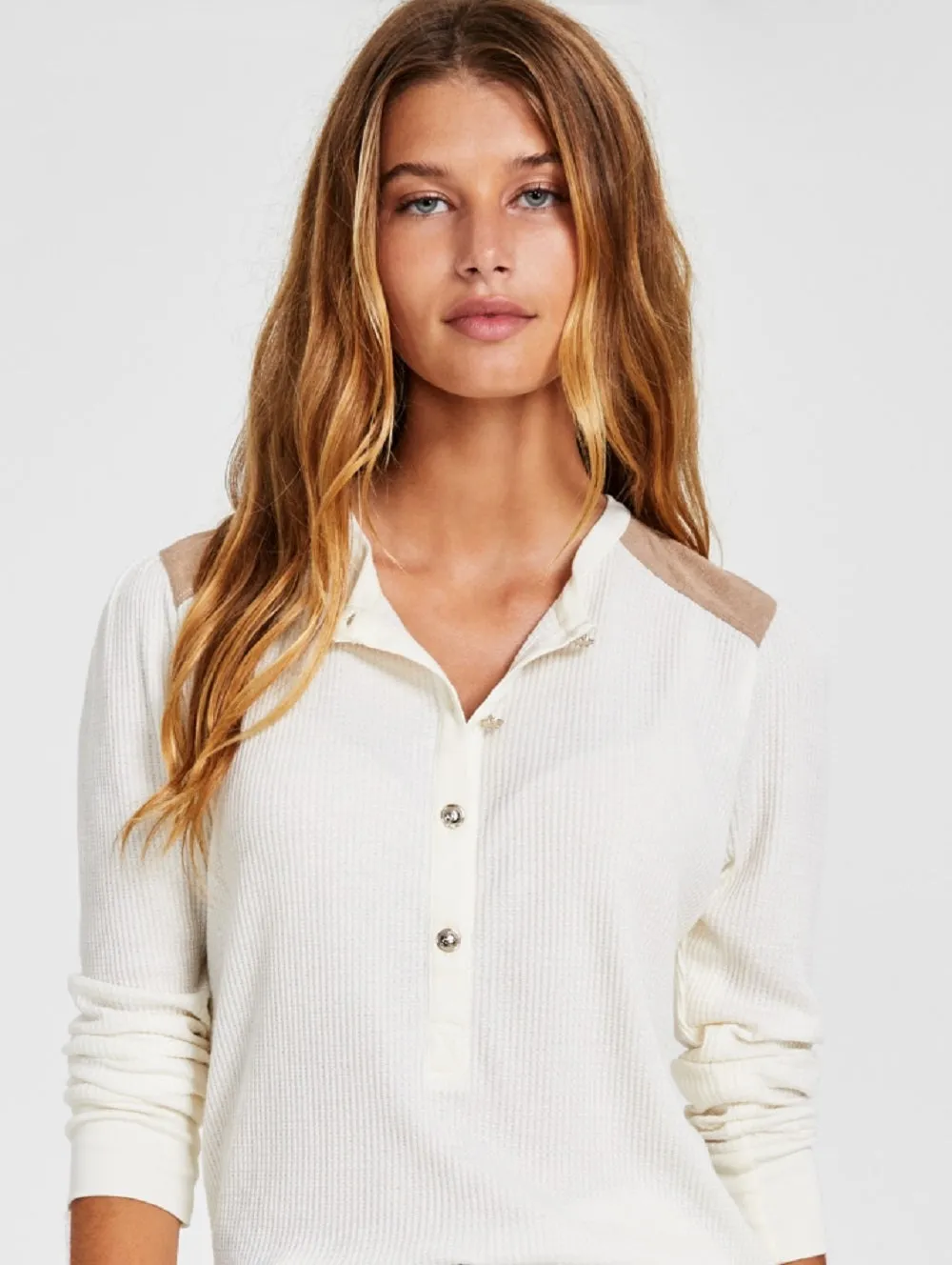 Tommy Hilfiger Women's Faux Suede Trim Henley Top White Size Medium