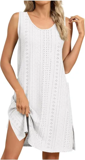 Vacation Dresses for Women Casual Scoop Neck Sleeveless Eyelet Side Split Sundress Summer Beach Cover Ups with Pockets