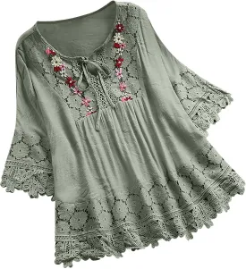 Women Cotton Linen Embroidered Tops Loose Fit Tunic 3/4 Sleeve Summer Blouse Shirts Boho Peasant Trendy Clothes 2024