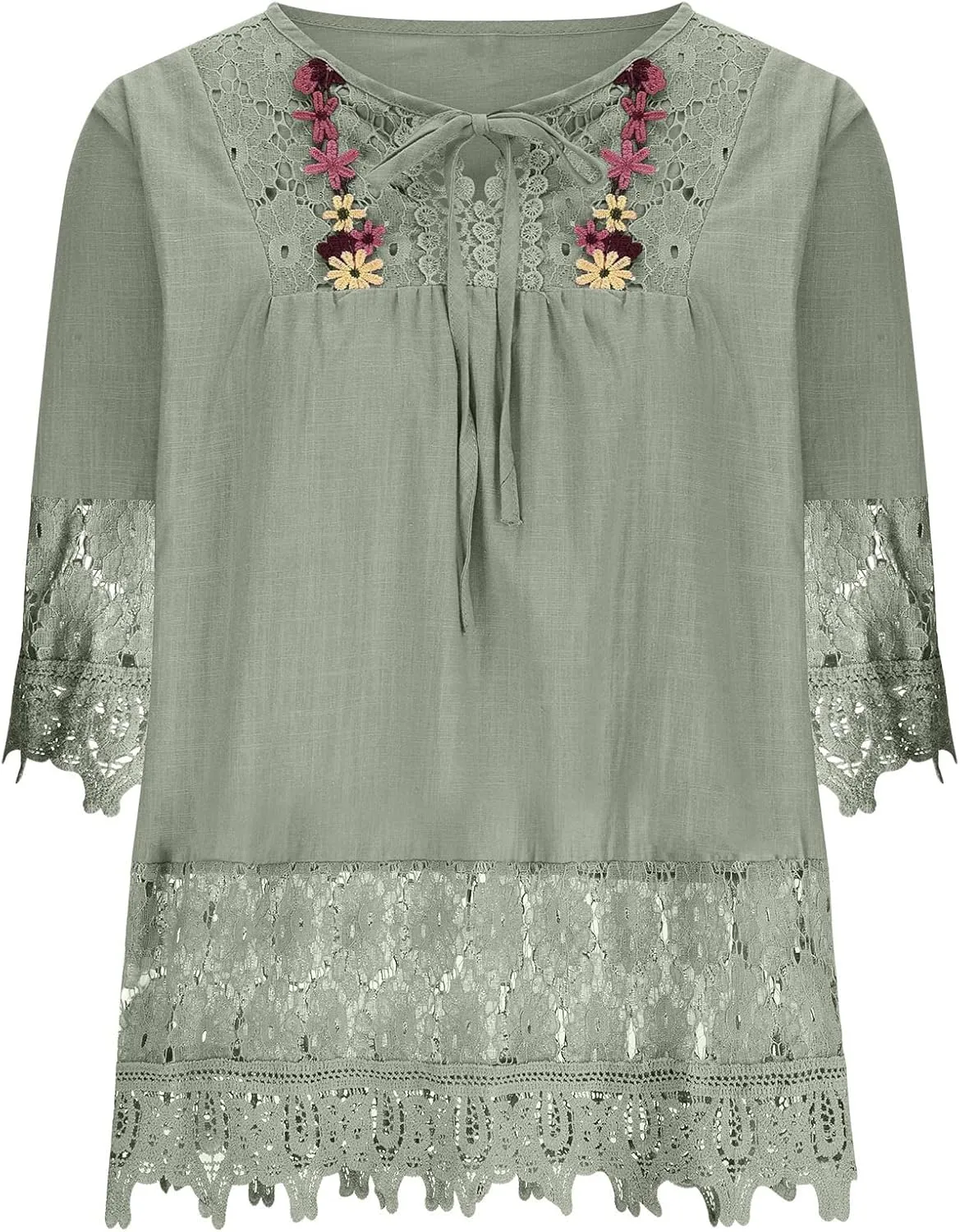 Women Cotton Linen Embroidered Tops Loose Fit Tunic 3/4 Sleeve Summer Blouse Shirts Boho Peasant Trendy Clothes 2024