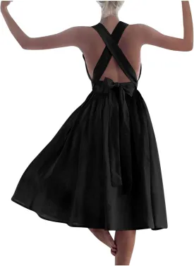 Women's Cotton Linen Summer Dress Sexy Criss Cross Back Cute Bow Pleated A-Line Dresses Holiday Beach Sundress