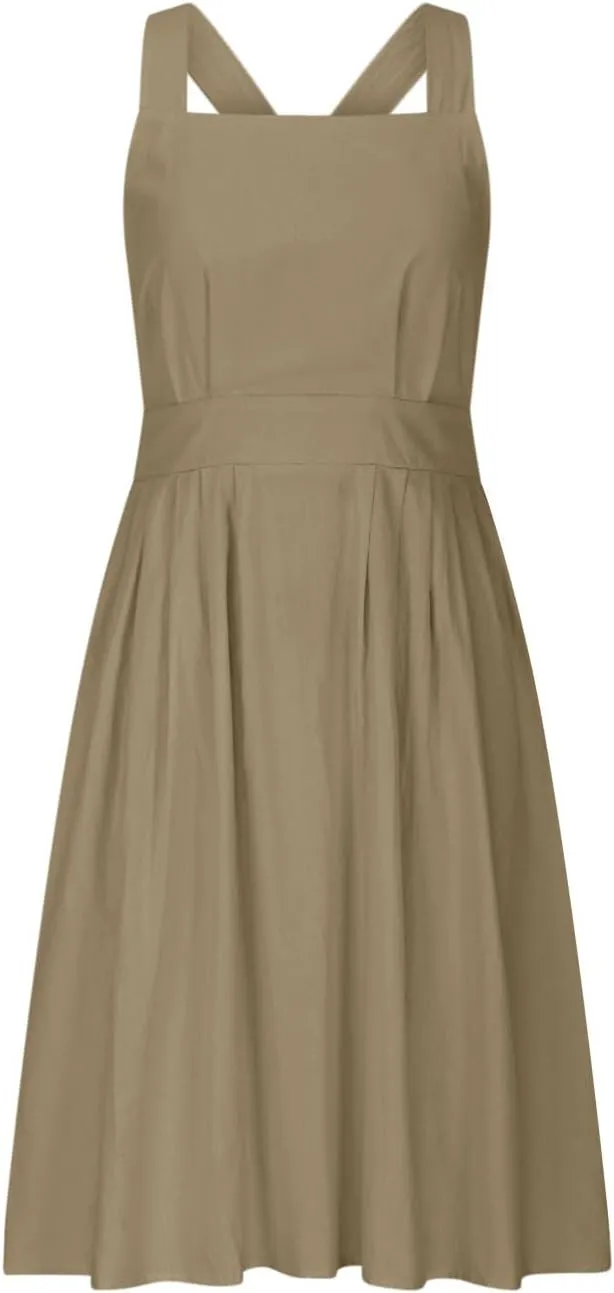 Women's Cotton Linen Summer Dress Sexy Criss Cross Back Cute Bow Pleated A-Line Dresses Holiday Beach Sundress