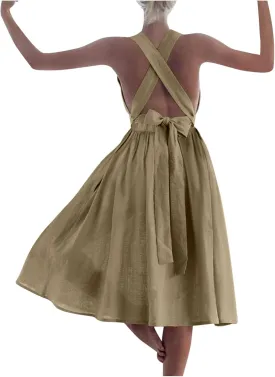 Women's Cotton Linen Summer Dress Sexy Criss Cross Back Cute Bow Pleated A-Line Dresses Holiday Beach Sundress