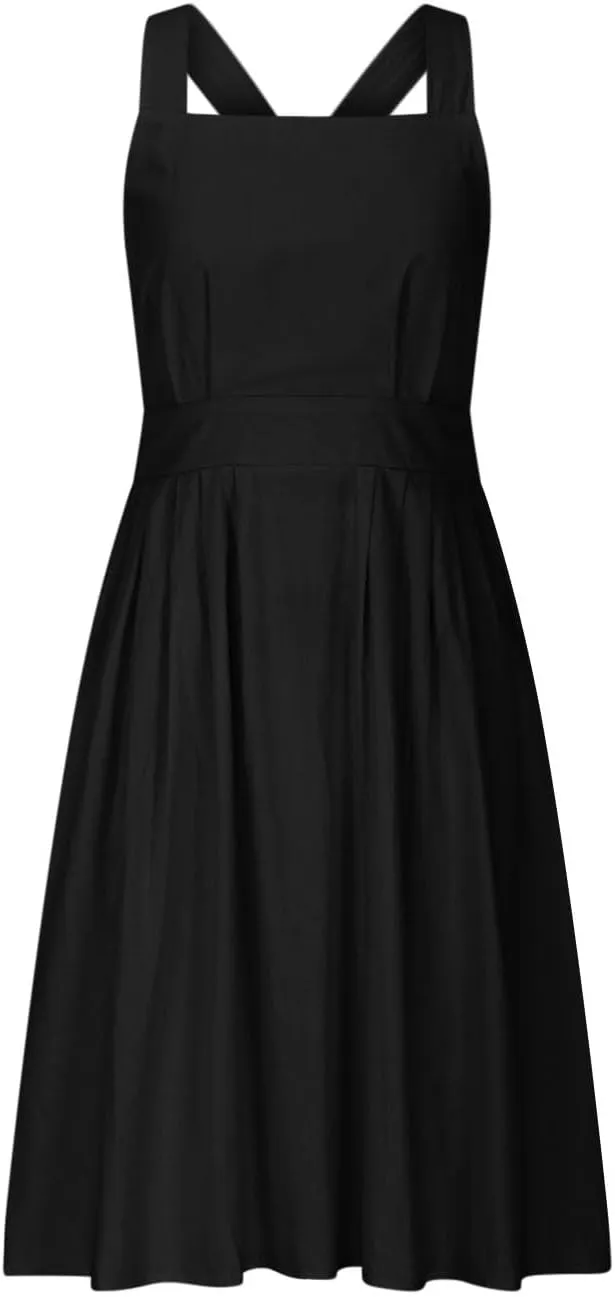 Women's Cotton Linen Summer Dress Sexy Criss Cross Back Cute Bow Pleated A-Line Dresses Holiday Beach Sundress