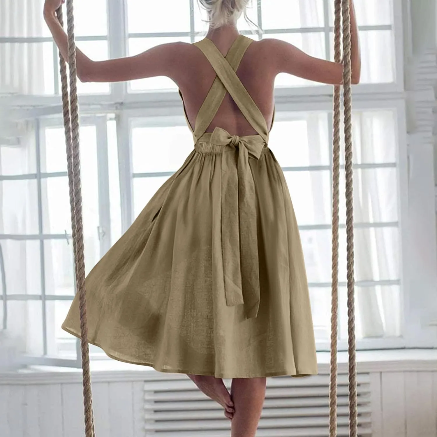Women's Cotton Linen Summer Dress Sexy Criss Cross Back Cute Bow Pleated A-Line Dresses Holiday Beach Sundress