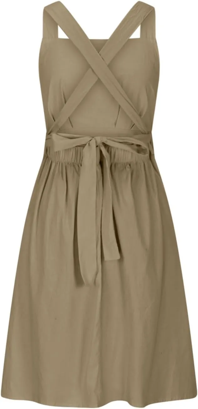 Women's Cotton Linen Summer Dress Sexy Criss Cross Back Cute Bow Pleated A-Line Dresses Holiday Beach Sundress