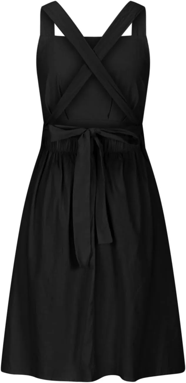 Women's Cotton Linen Summer Dress Sexy Criss Cross Back Cute Bow Pleated A-Line Dresses Holiday Beach Sundress
