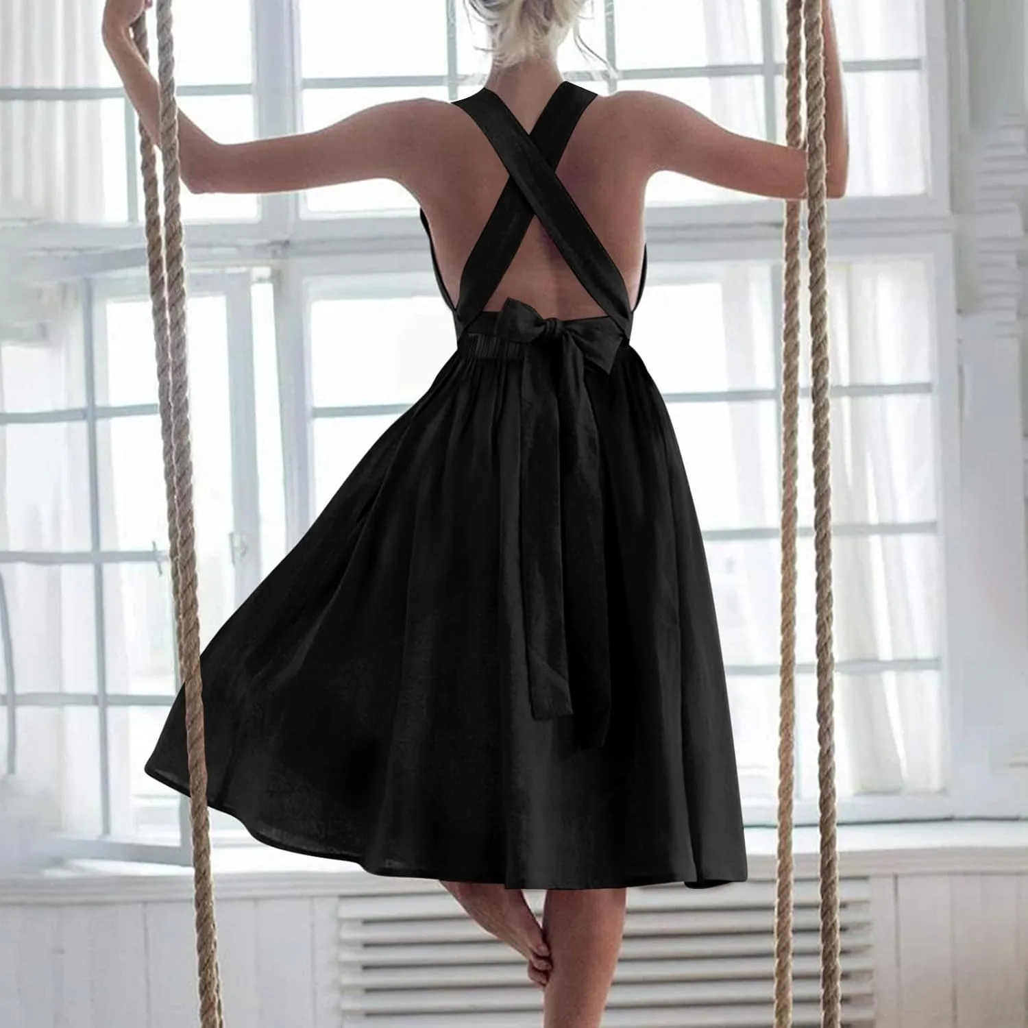 Women's Cotton Linen Summer Dress Sexy Criss Cross Back Cute Bow Pleated A-Line Dresses Holiday Beach Sundress