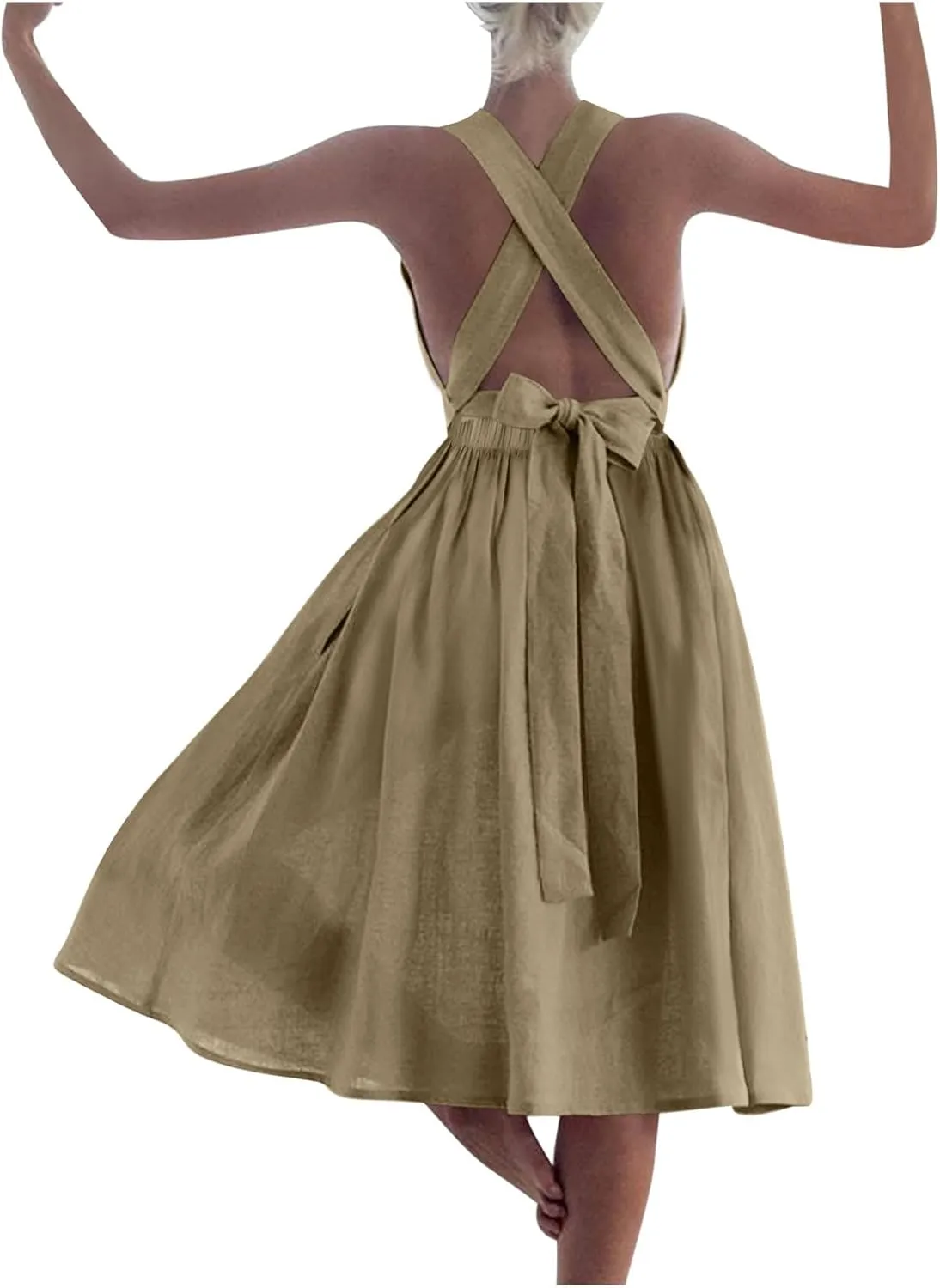 Women's Cotton Linen Summer Dress Sexy Criss Cross Back Cute Bow Pleated A-Line Dresses Holiday Beach Sundress
