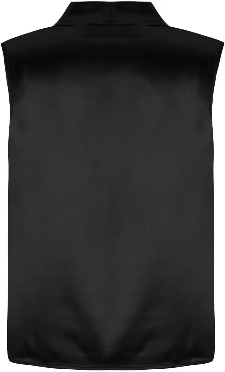 Women's Elegant Satin Tank Tops Wrap V Neck Sleeveless Tshirts Pleated Front Draped Blouse Tee Top for Party Work