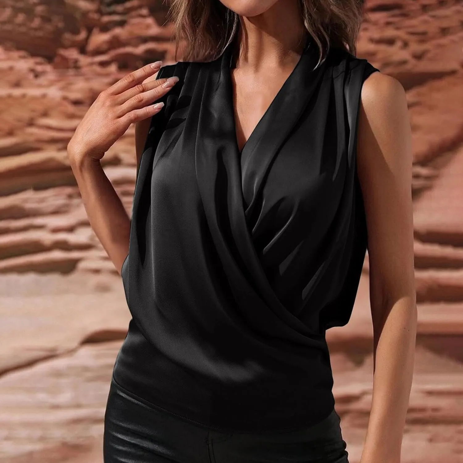 Women's Elegant Satin Tank Tops Wrap V Neck Sleeveless Tshirts Pleated Front Draped Blouse Tee Top for Party Work