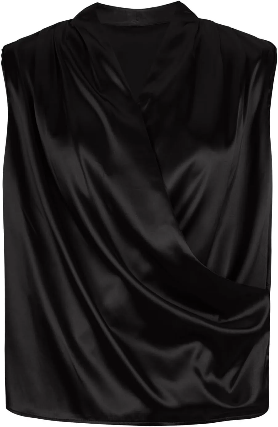 Women's Elegant Satin Tank Tops Wrap V Neck Sleeveless Tshirts Pleated Front Draped Blouse Tee Top for Party Work