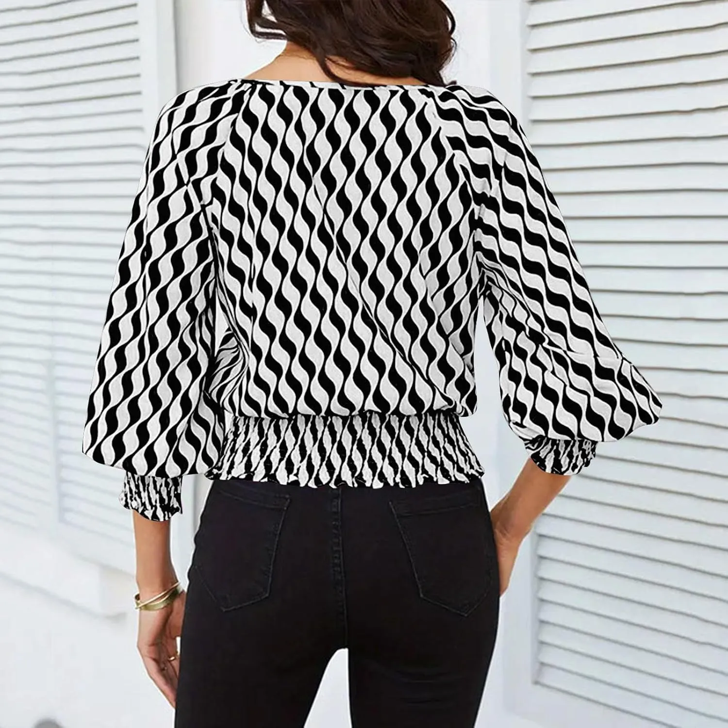 Womens Puff Sleeve Shirts Trendy 3/4 Sleeve Shirts Loose Fit Work Blouses Dressy Casual Elastic Waist Babydoll Tops
