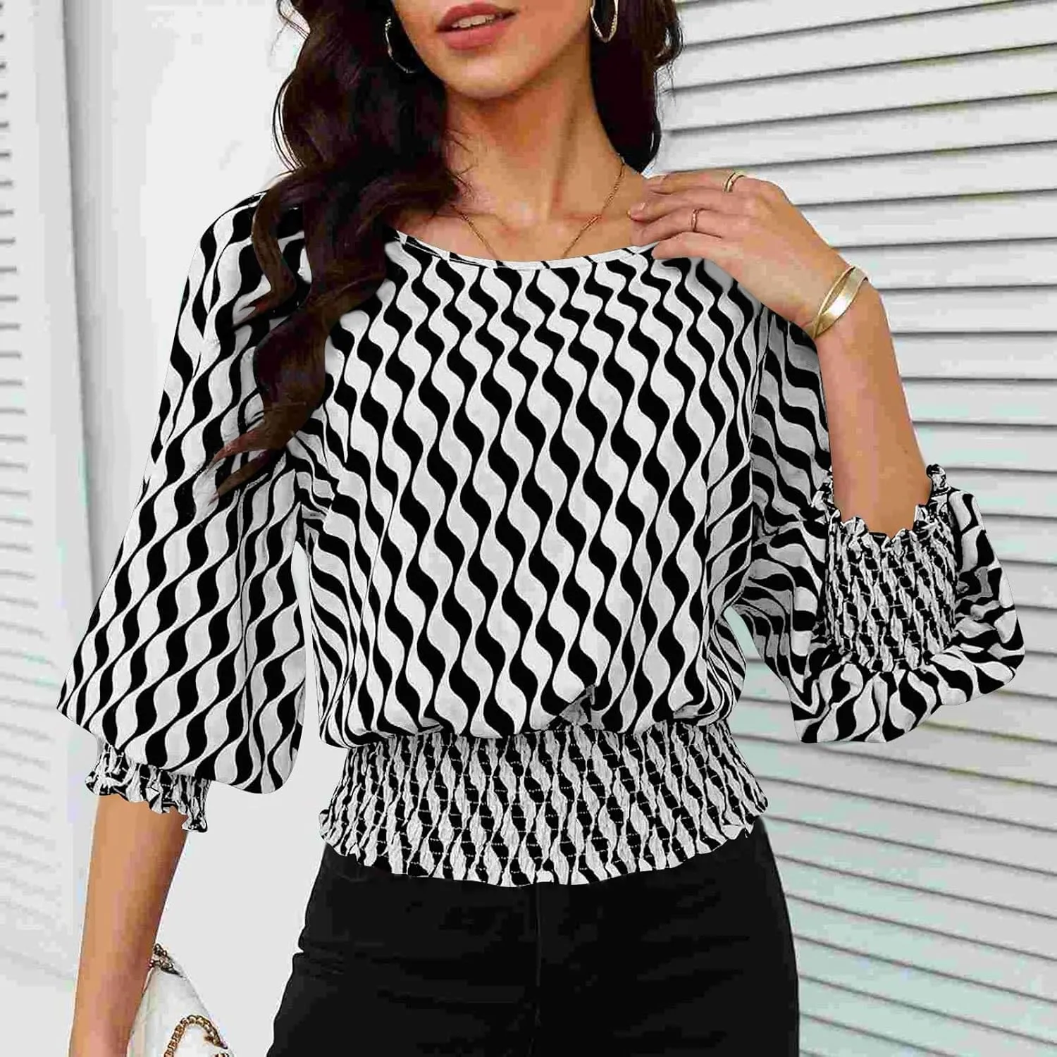 Womens Puff Sleeve Shirts Trendy 3/4 Sleeve Shirts Loose Fit Work Blouses Dressy Casual Elastic Waist Babydoll Tops