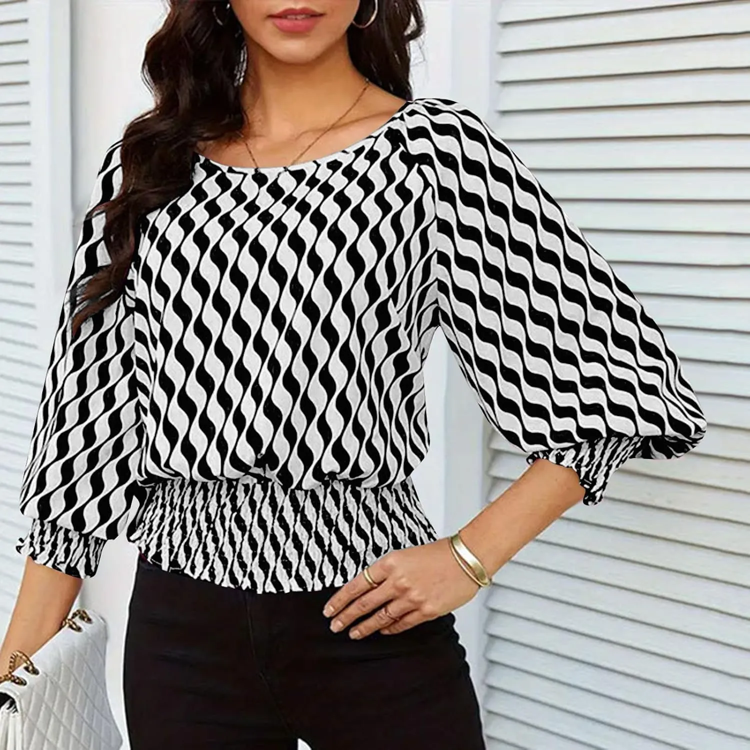 Womens Puff Sleeve Shirts Trendy 3/4 Sleeve Shirts Loose Fit Work Blouses Dressy Casual Elastic Waist Babydoll Tops