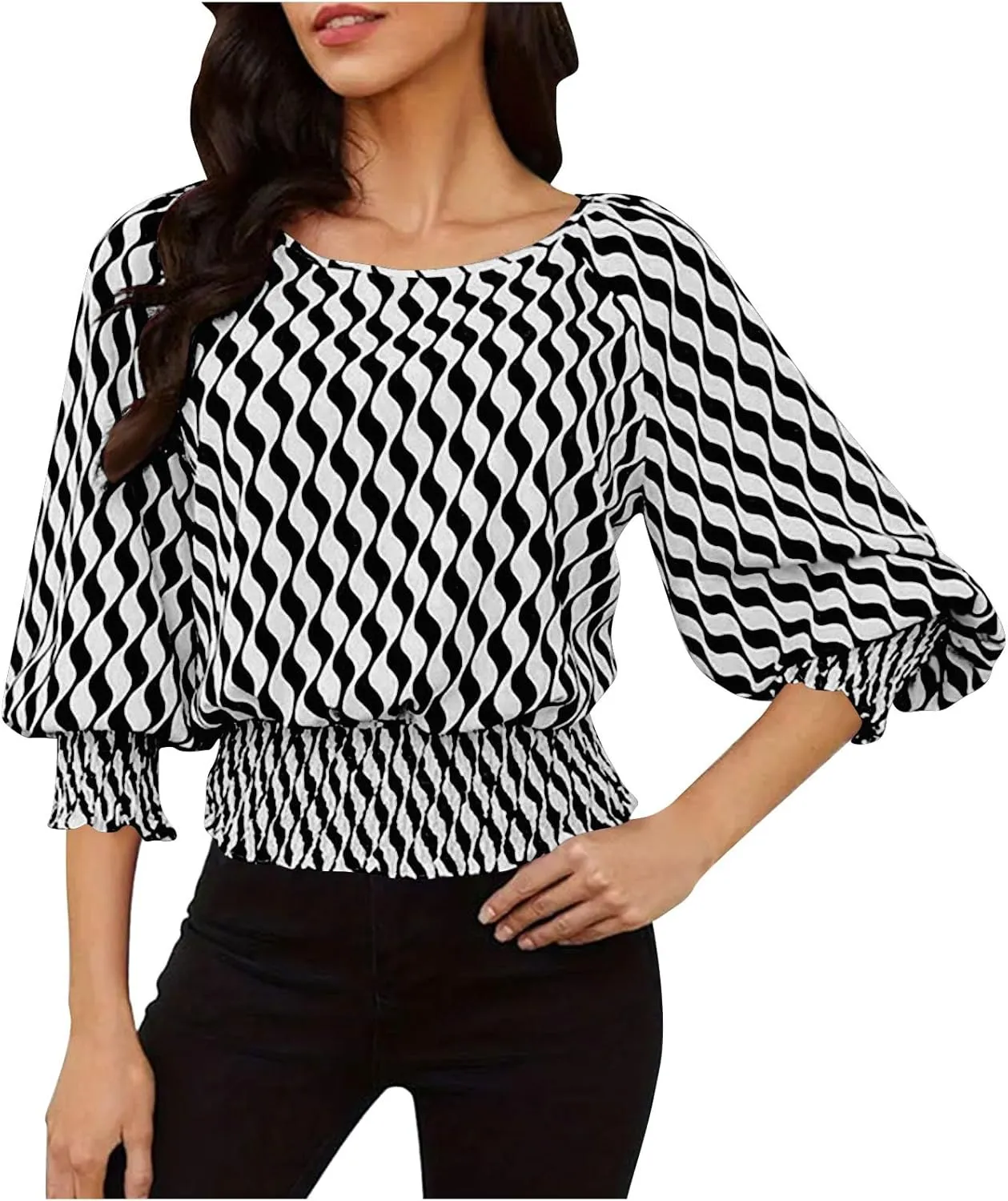 Womens Puff Sleeve Shirts Trendy 3/4 Sleeve Shirts Loose Fit Work Blouses Dressy Casual Elastic Waist Babydoll Tops
