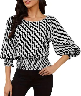 Womens Puff Sleeve Shirts Trendy 3/4 Sleeve Shirts Loose Fit Work Blouses Dressy Casual Elastic Waist Babydoll Tops