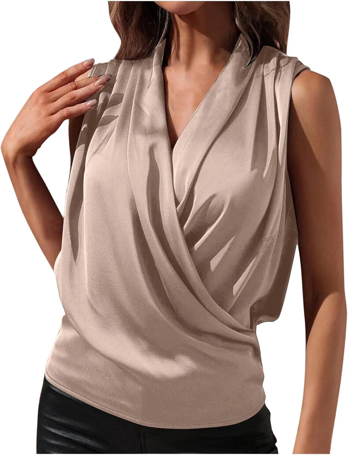 Women's Satin Silky Cowl Neck Drape Ruched Front Sleeveless Tank Blouse Shirts Top