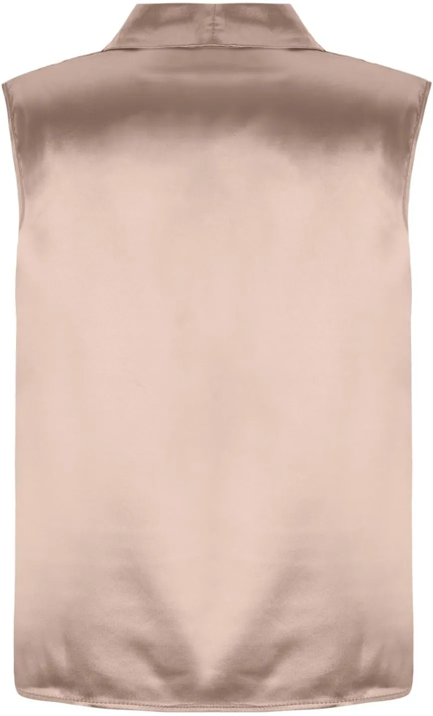 Women's Satin Silky Cowl Neck Drape Ruched Front Sleeveless Tank Blouse Shirts Top