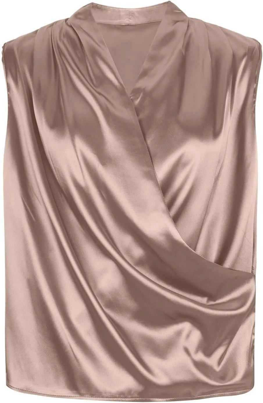 Women's Satin Silky Cowl Neck Drape Ruched Front Sleeveless Tank Blouse Shirts Top