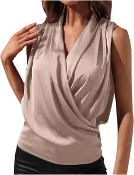 Women's Satin Silky Cowl Neck Drape Ruched Front Sleeveless Tank Blouse Shirts Top