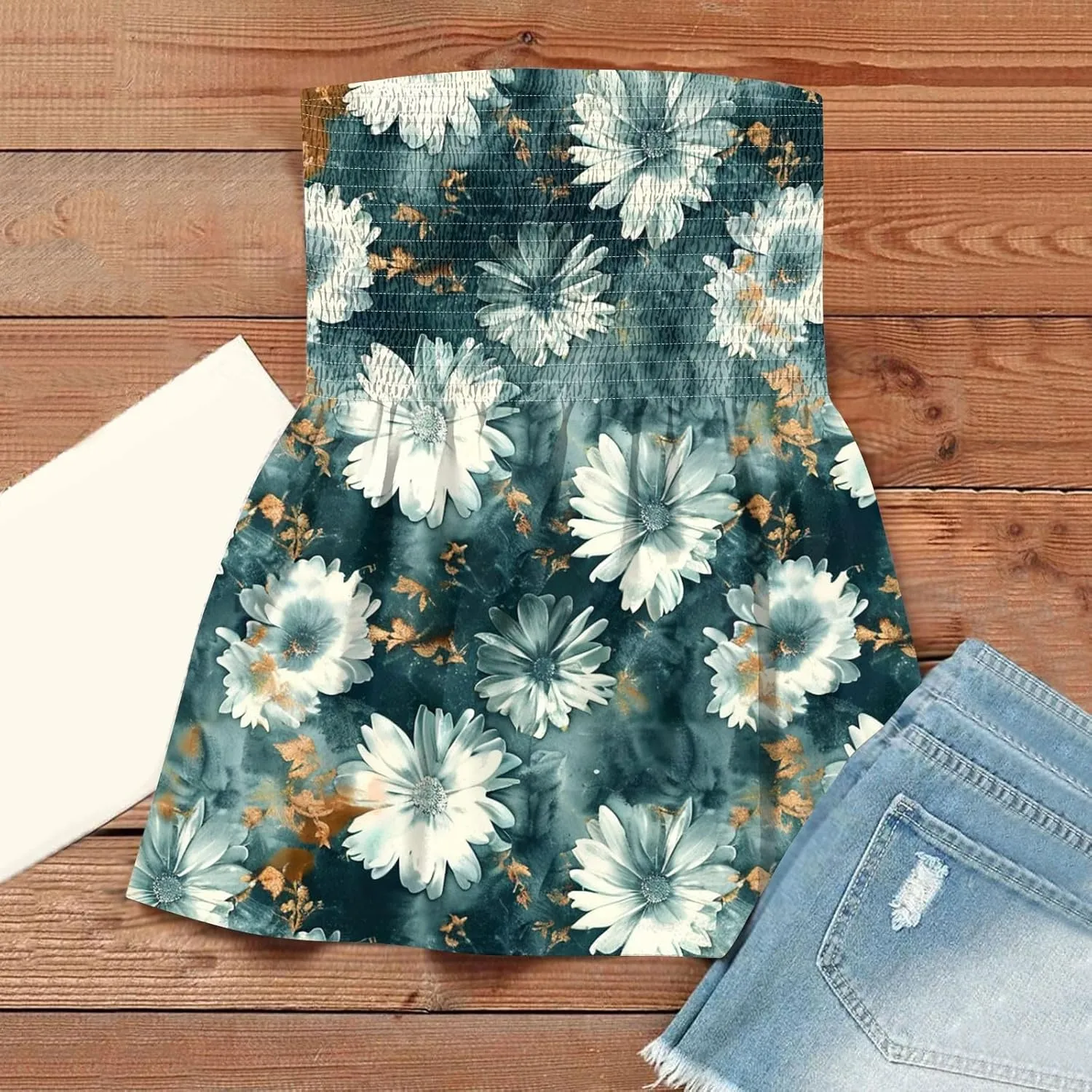 Womens Smocked Strapless Bandeau Tank Tops Floral Tube Tops Backless Bandeau Tunic Tops Sleeveless Shirts