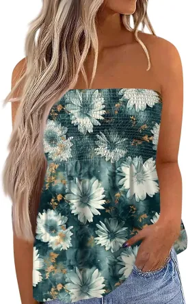 Womens Smocked Strapless Bandeau Tank Tops Floral Tube Tops Backless Bandeau Tunic Tops Sleeveless Shirts