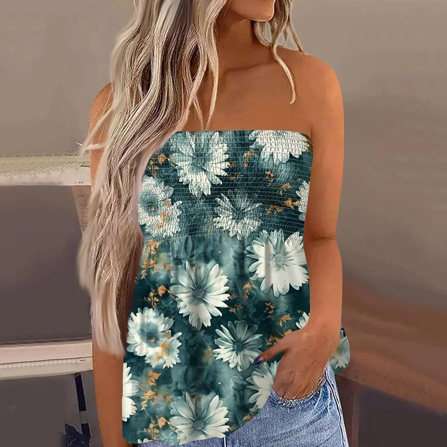 Womens Smocked Strapless Bandeau Tank Tops Floral Tube Tops Backless Bandeau Tunic Tops Sleeveless Shirts