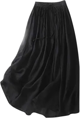 Women's Summer Cotton Linen Skirts Casual Tie Waist A-Line Long Flowy Skirt with Pockets Soft Lightweight Beach Skirt