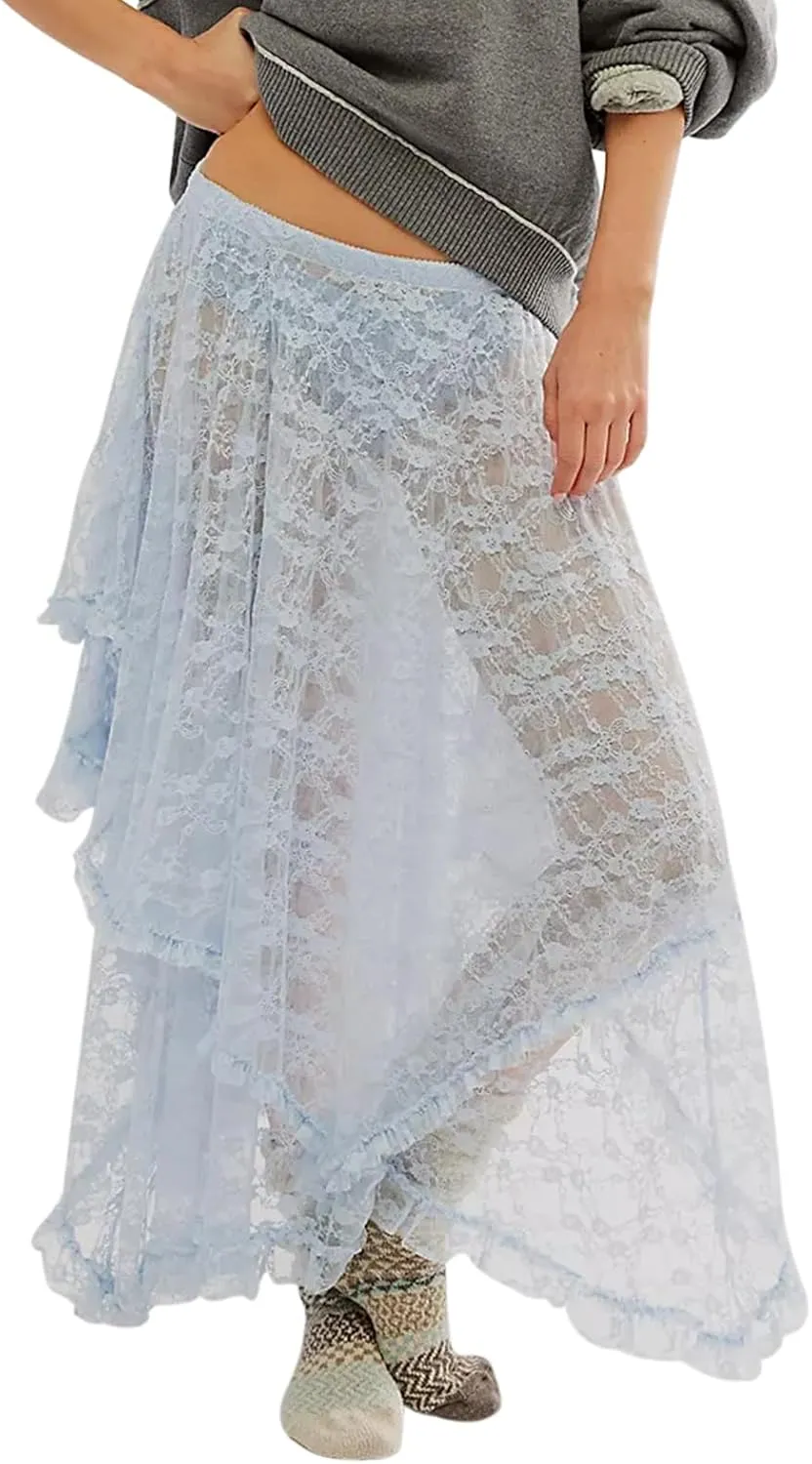 Women's Summer Midi Skirts Elastic Asymmetrical Layered Hem Sexy High Waist Skirts Beach Floral Casual Skirts