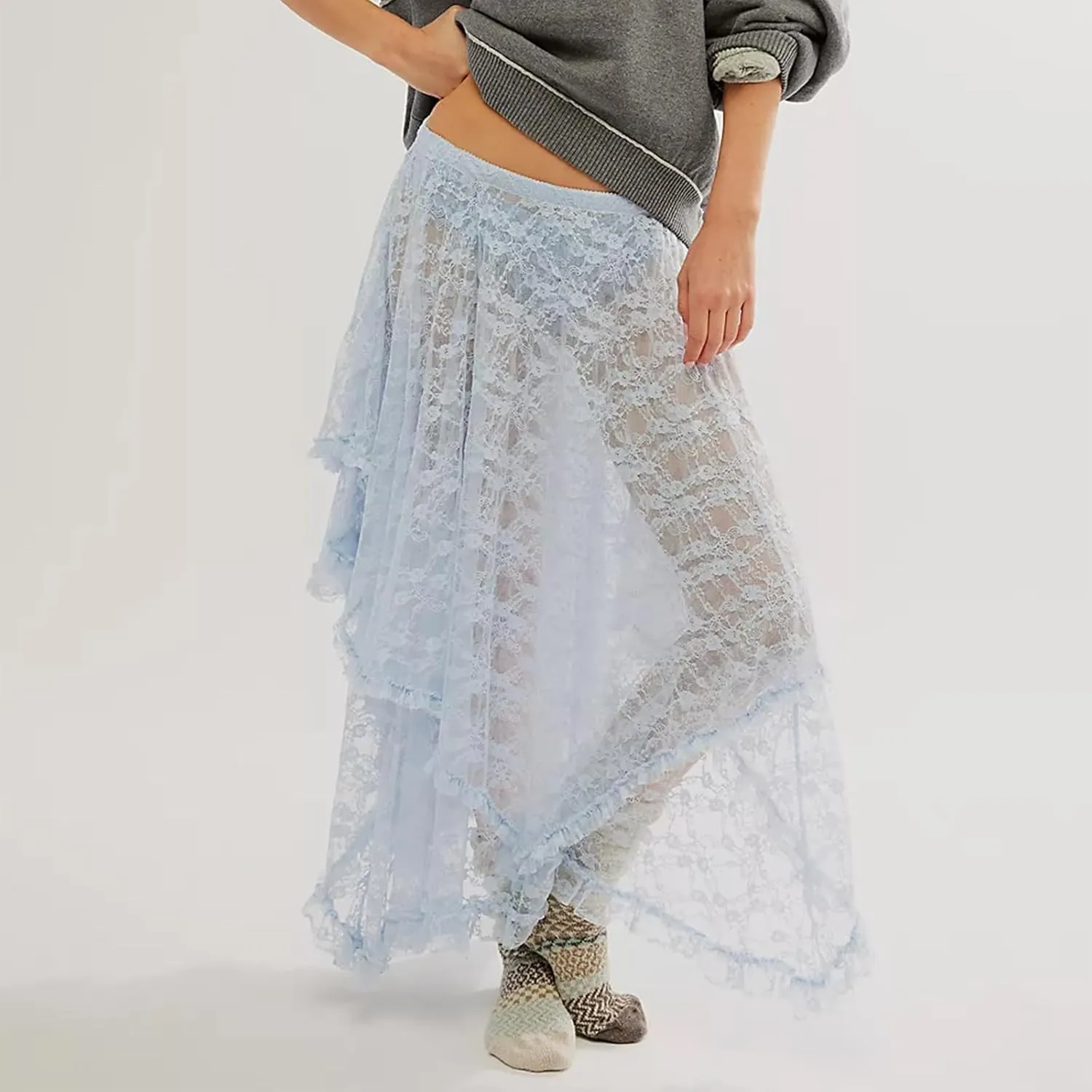 Women's Summer Midi Skirts Elastic Asymmetrical Layered Hem Sexy High Waist Skirts Beach Floral Casual Skirts