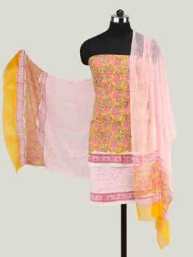 Yellow Pink White Hand Block Printed Cotton Suit-Salwar Fabric With Chiffon Dupatta (Set of 3) - SU01HB444